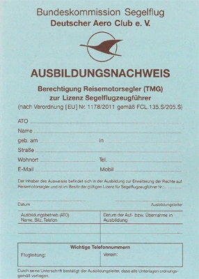 Training progress sheet Touring motorglider (TMG), German